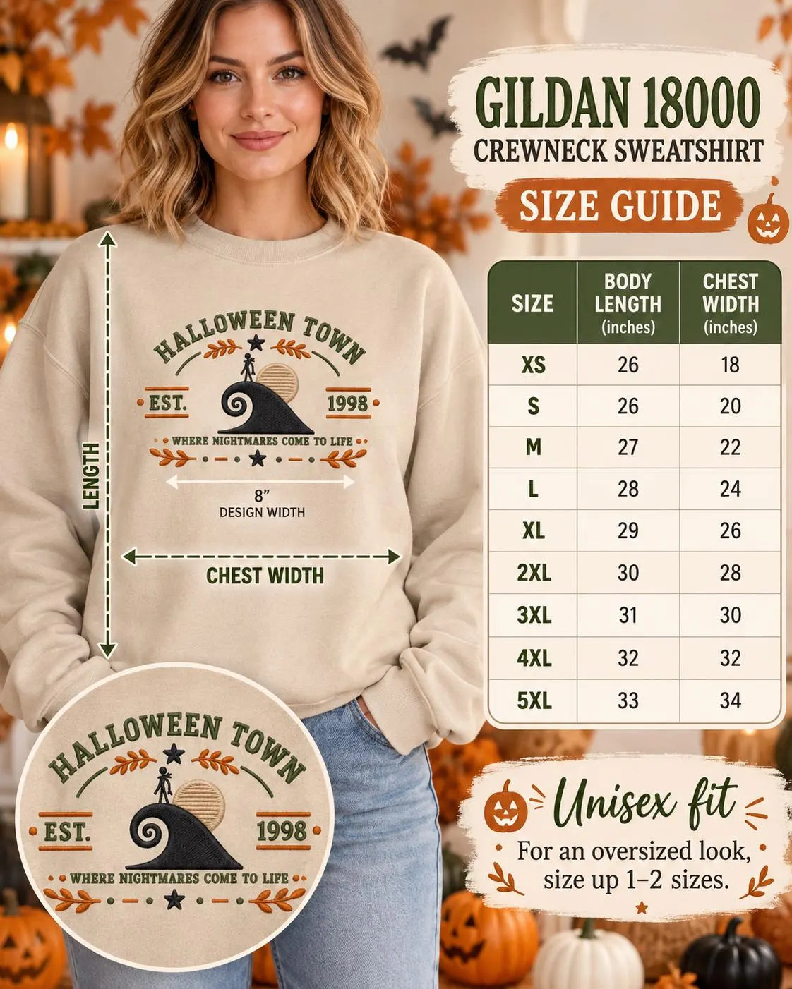 Halloween Town Crewneck Embroidered Nightmare Before Christmas Inspired Sweatshirt Spooky Fall Gift