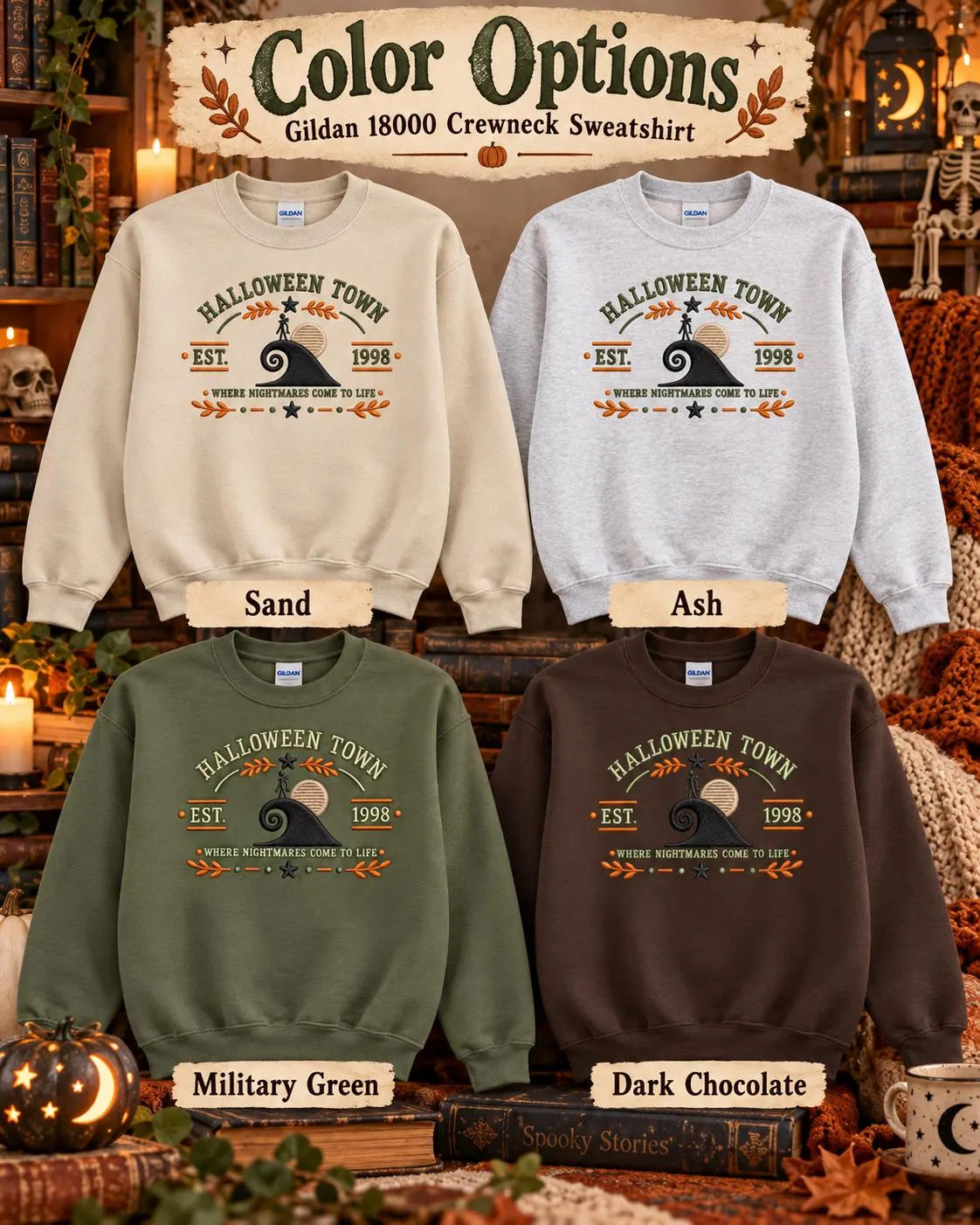 Halloween Town Crewneck Embroidered Nightmare Before Christmas Inspired Sweatshirt Spooky Fall Gift
