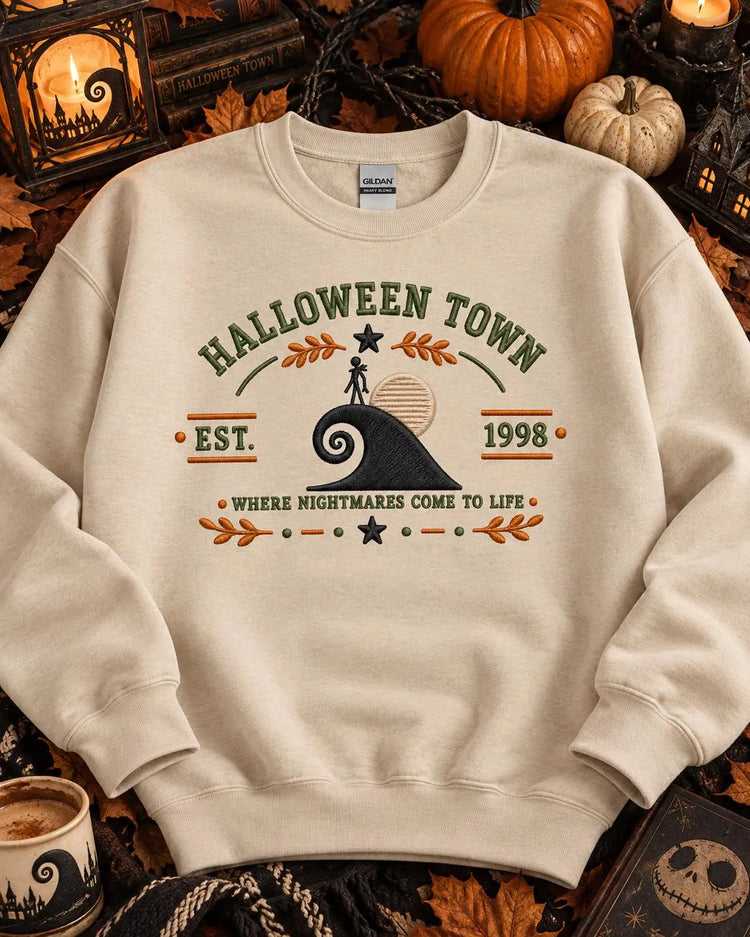 Halloween Town Crewneck Embroidered Nightmare Before Christmas Inspired Sweatshirt Spooky Fall Gift