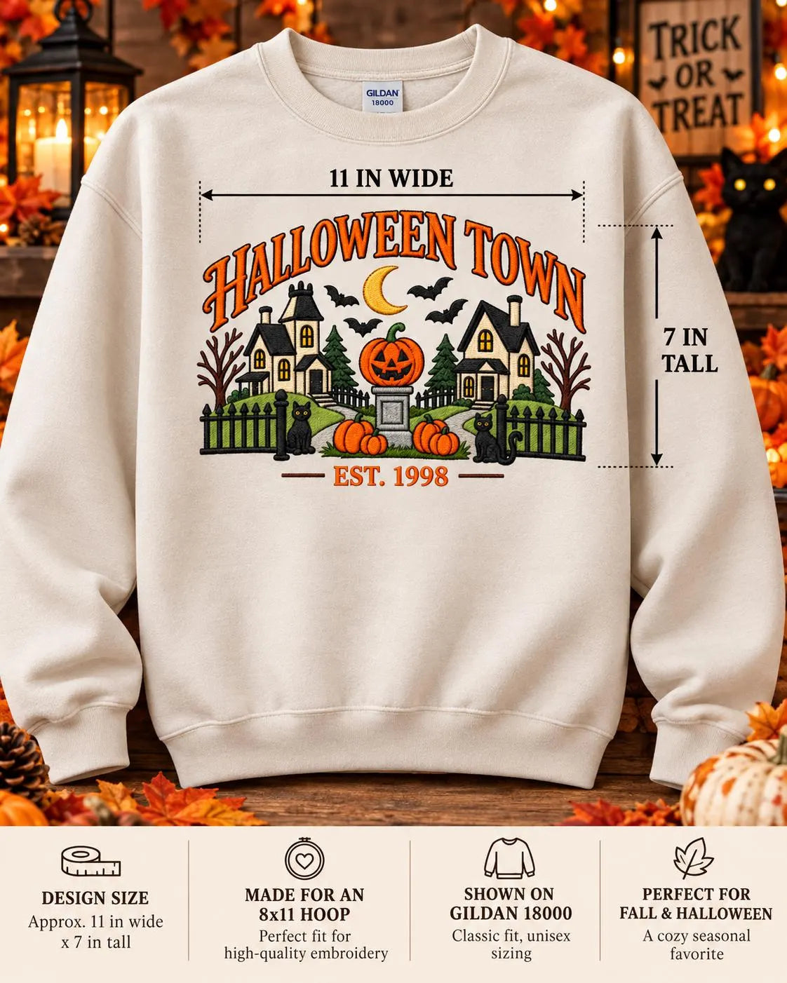 Disney Halloween Town Sweatshirt Nostalgic Embroidered Spooky Village Crewneck Pumpkin Black Cat Pullover
