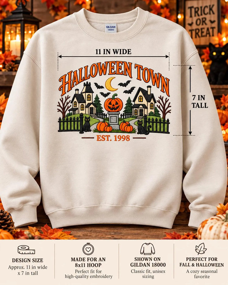 Disney Halloween Town Sweatshirt Nostalgic Embroidered Spooky Village Crewneck Pumpkin Black Cat Pullover
