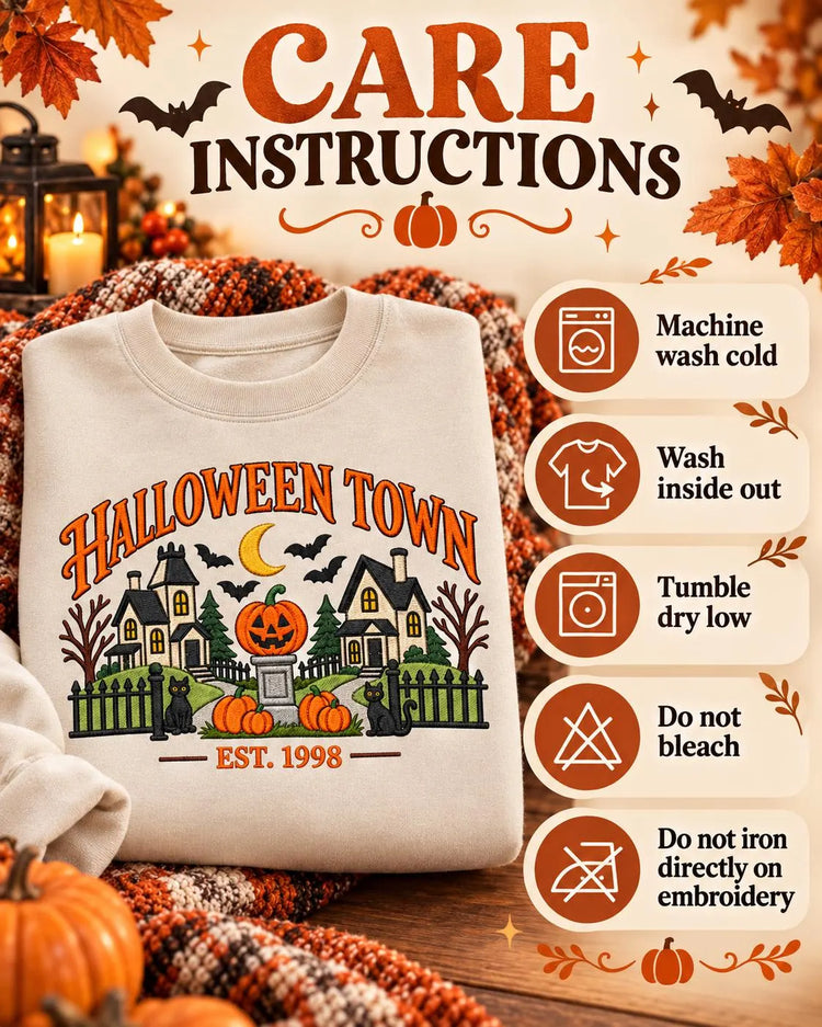 Disney Halloween Town Sweatshirt Nostalgic Embroidered Spooky Village Crewneck Pumpkin Black Cat Pullover