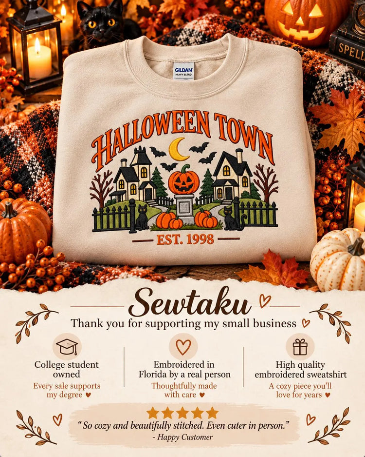Disney Halloween Town Sweatshirt Nostalgic Embroidered Spooky Village Crewneck Pumpkin Black Cat Pullover