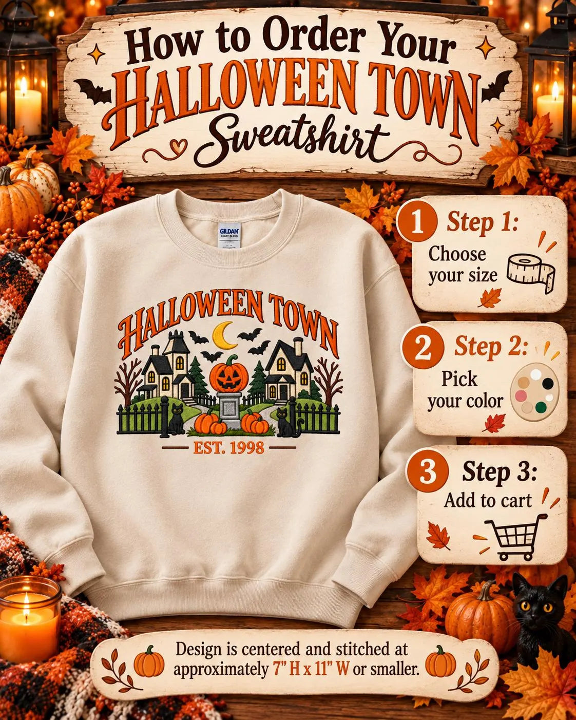 Disney Halloween Town Sweatshirt Nostalgic Embroidered Spooky Village Crewneck Pumpkin Black Cat Pullover