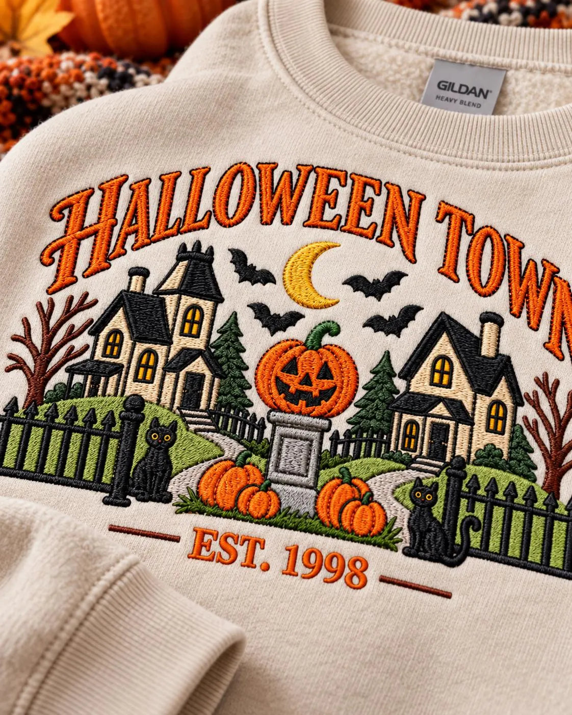 Disney Halloween Town Sweatshirt Nostalgic Embroidered Spooky Village Crewneck Pumpkin Black Cat Pullover