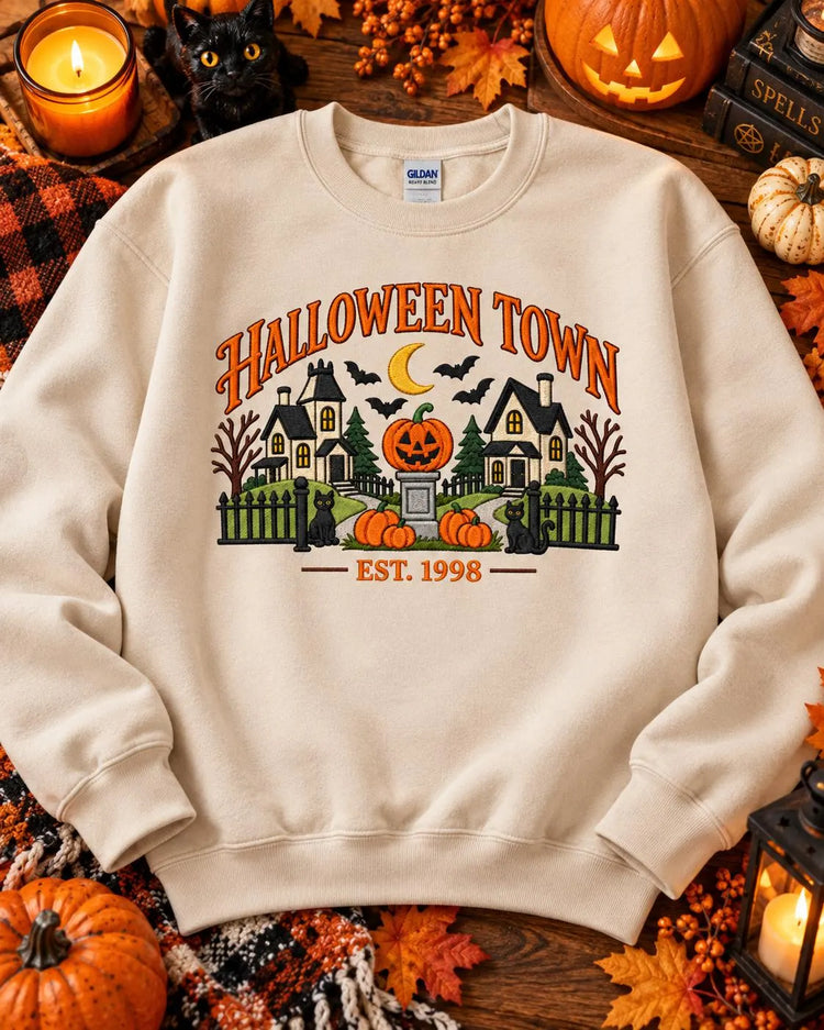 Disney Halloween Town Sweatshirt Nostalgic Embroidered Spooky Village Crewneck Pumpkin Black Cat Pullover