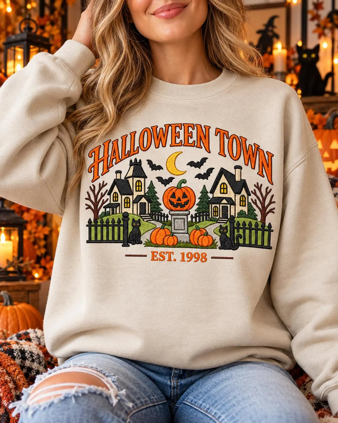 Disney Halloween Town Sweatshirt Nostalgic Embroidered Spooky Village Crewneck Pumpkin Black Cat Pullover