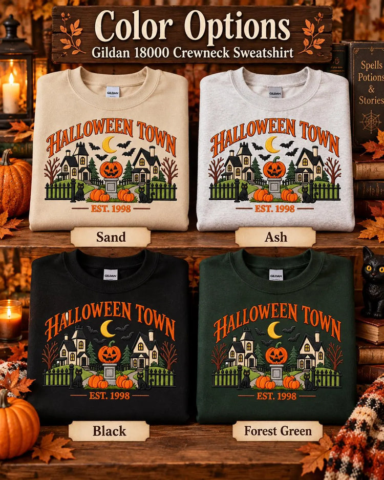 Disney Halloween Town Sweatshirt Nostalgic Embroidered Spooky Village Crewneck Pumpkin Black Cat Pullover