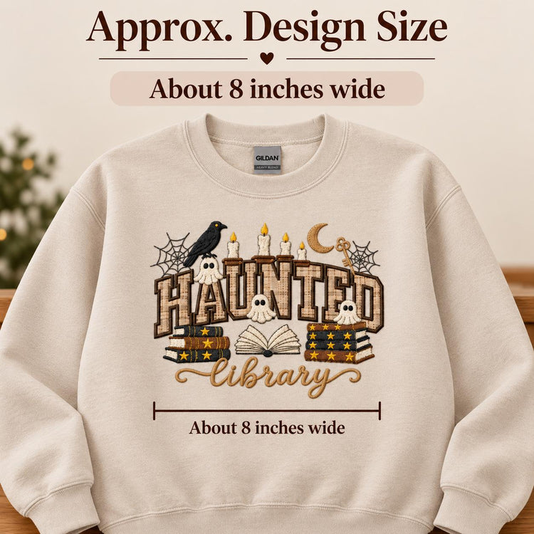 Sudadera de cuello redondo con aplique de biblioteca encantada, temática literaria de Halloween, regalo espeluznante para lectores