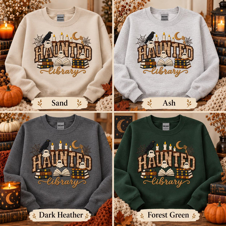 Sudadera de cuello redondo con aplique de biblioteca encantada, temática literaria de Halloween, regalo espeluznante para lectores
