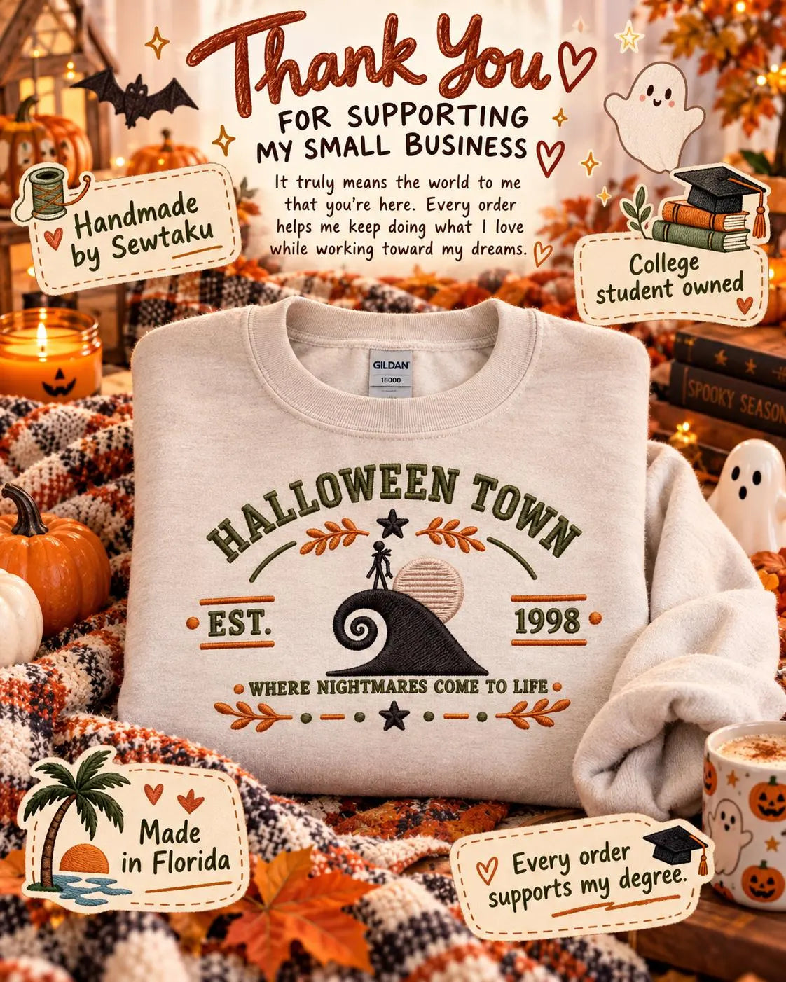 Halloween Town Crewneck Embroidered Nightmare Before Christmas Inspired Sweatshirt Spooky Fall Gift