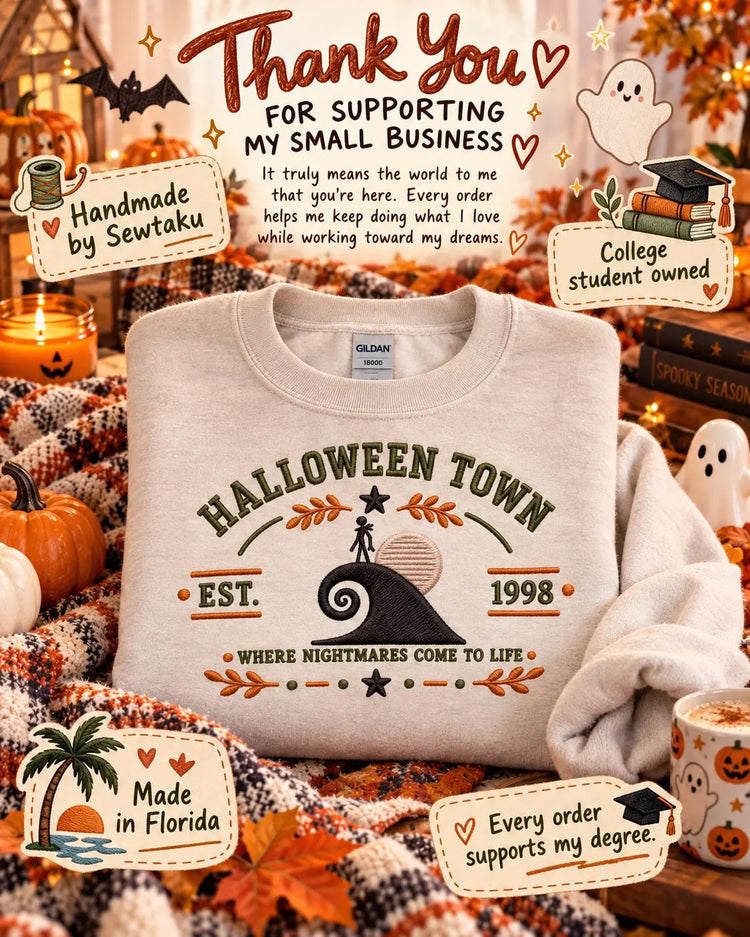 Halloween Town Crewneck Embroidered Nightmare Before Christmas Inspired Sweatshirt Spooky Fall Gift