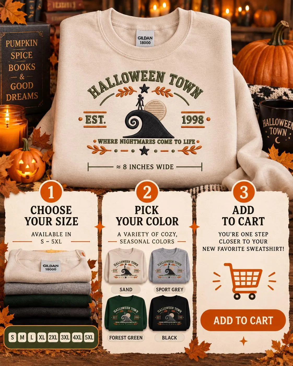 Halloween Town Crewneck Embroidered Nightmare Before Christmas Inspired Sweatshirt Spooky Fall Gift