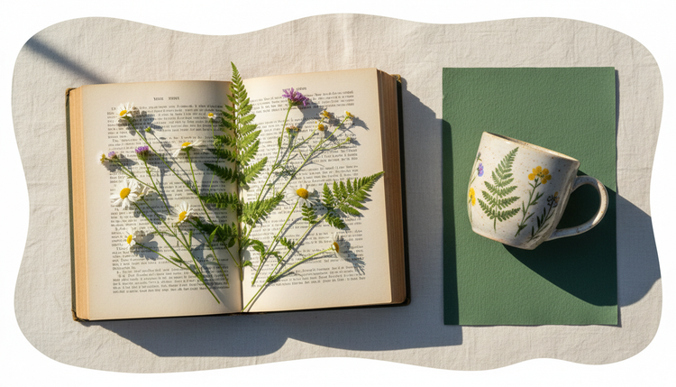 An open book with pressed flowers next to a ceramic mug