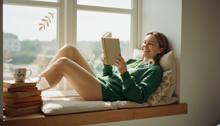 A reader laughing in a sunny window seat with a book, wearing a green sweatshirt